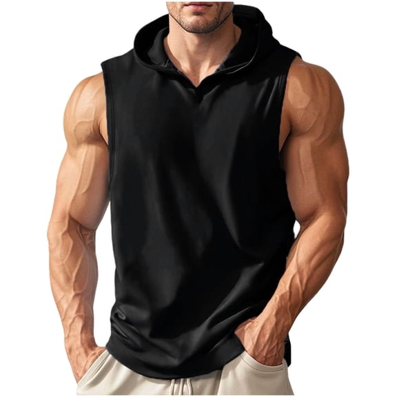 Men's Workout Hooded Tank Tops Gym Sleeveless Hoodies Quick Dry Bodybuilding Muscle Cut off T-Shirt Athletic Vest Black