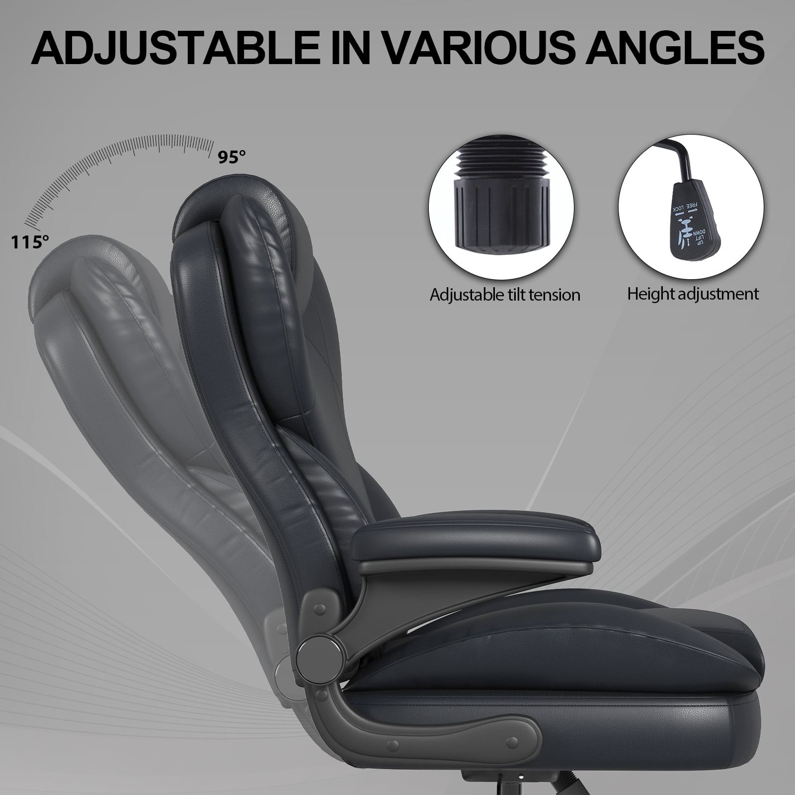 Hovos Big and Tall Office Chair with Flip-up Arms, Ergonomic Home Computer Desk Leather Chair, 360° Swivel Computer Desk Chair, Quiet Nylon Wheels, Black