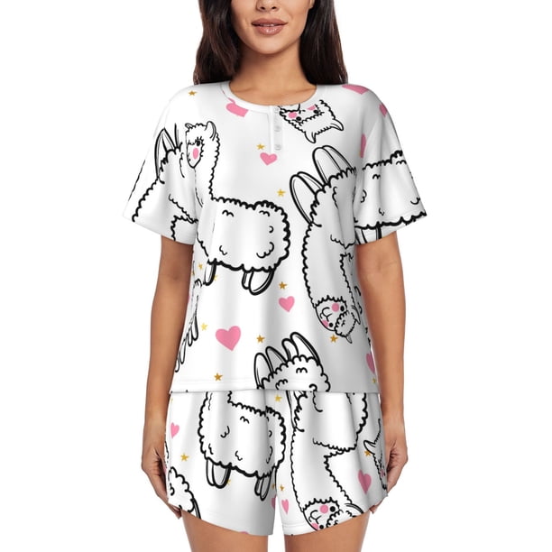 Balery Alpacas and Hearts Conjunto de Pijama para Mujer con Estampado, Dos Piezas de Manga Corta y Shorts, Ropa de Dormir Suave con Cuello Redondo y Bolsillos-Small