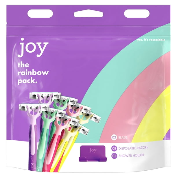 Joy Disposable Razors for Women, Rainbow Pack, 8 Razors, 1 Shower Hook
