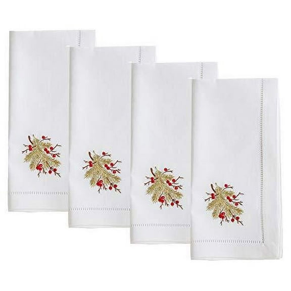 Fennco Styles Holiday Cotton Embroidered Berry Branch 20 Inch Square Dinner Napkins, Set of 4