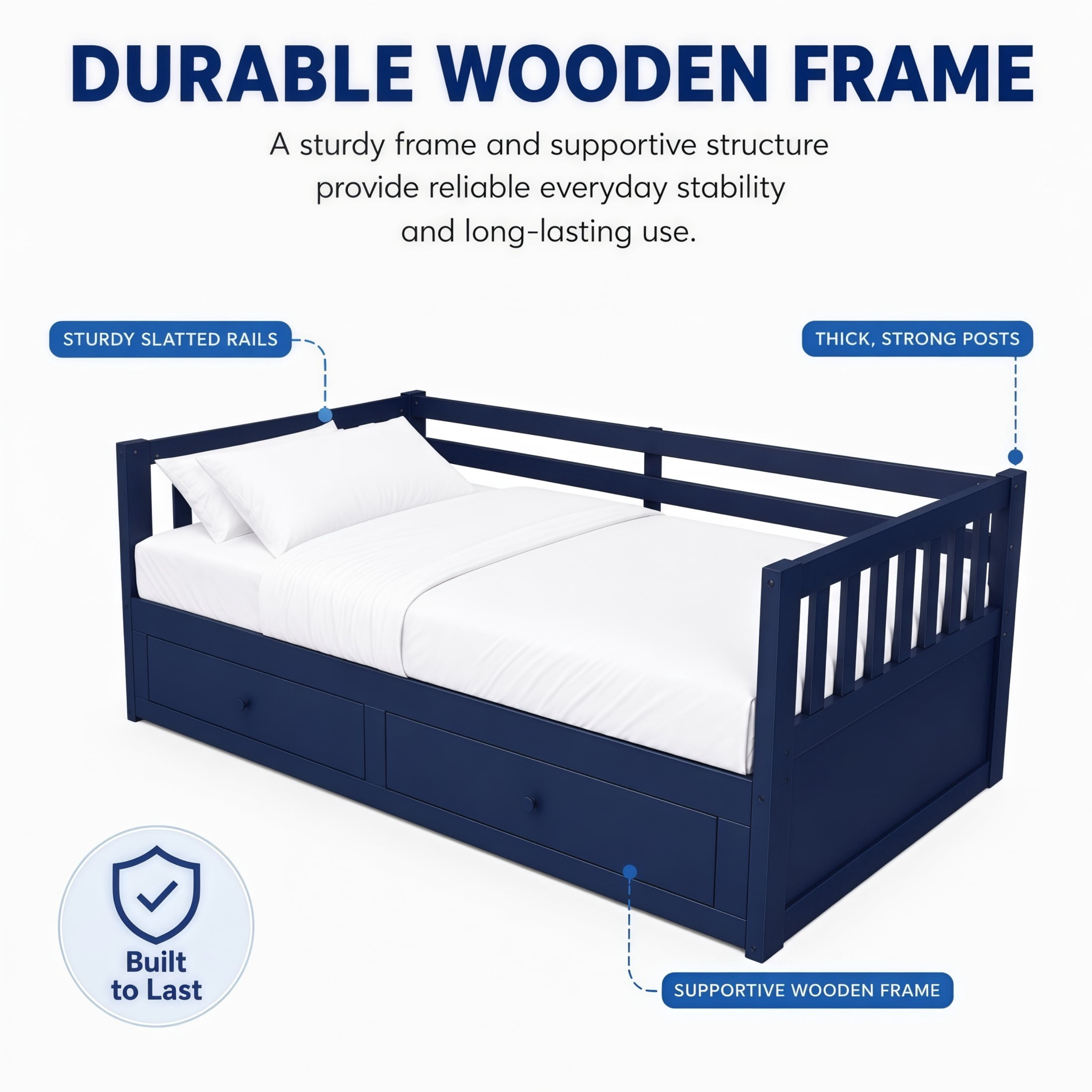 Noble House Twin to King Extendable Daybed with Pull-Out Trundle, 2 Drawers & Guardrails, Blue