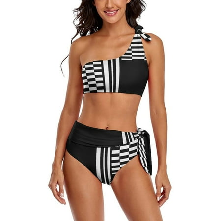 Stylish Black And White Check And Stripes One Shoulder Bowknot Swimsuit Two Piece Swimsuit Knot Crop Top Bikini High Waisted Bathing Suit