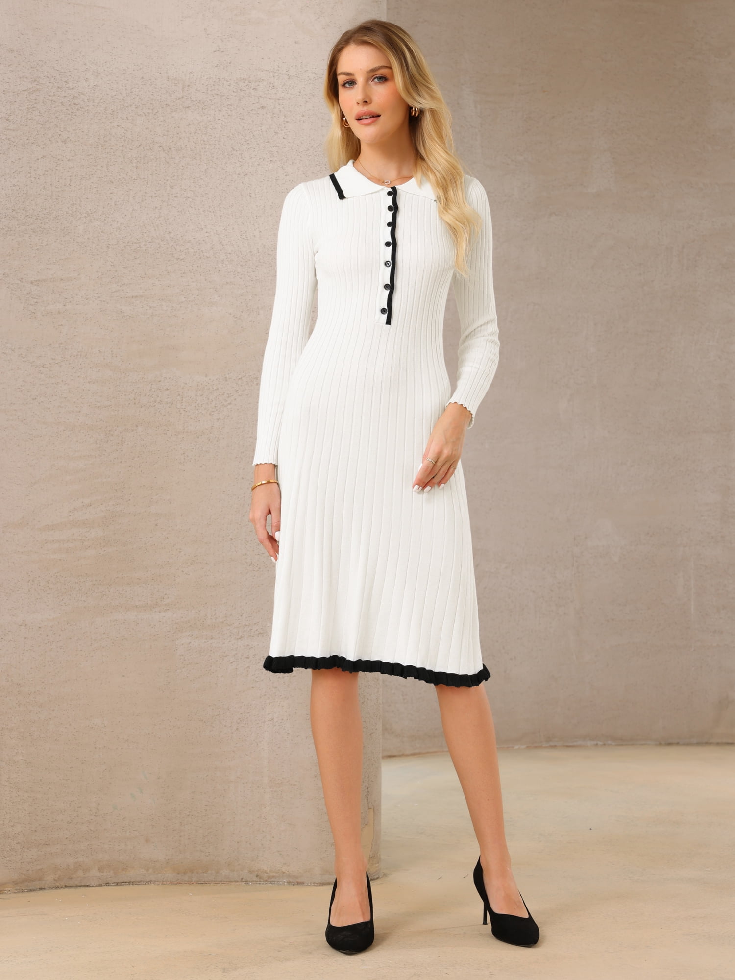 DARING DIVA Women's Sweater Knitted Ribbed A-Line Long Sleeve Dress L White