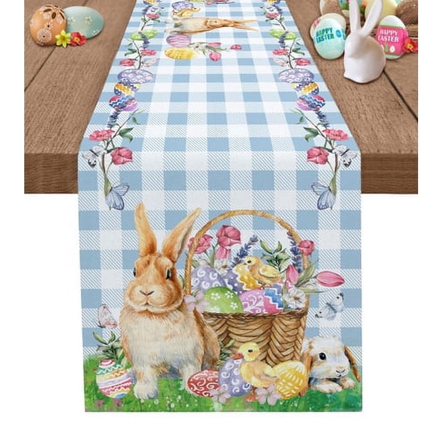 Camino de mesa de lino con diseño de conejito de Pascua, huevo, pato, flor, boda