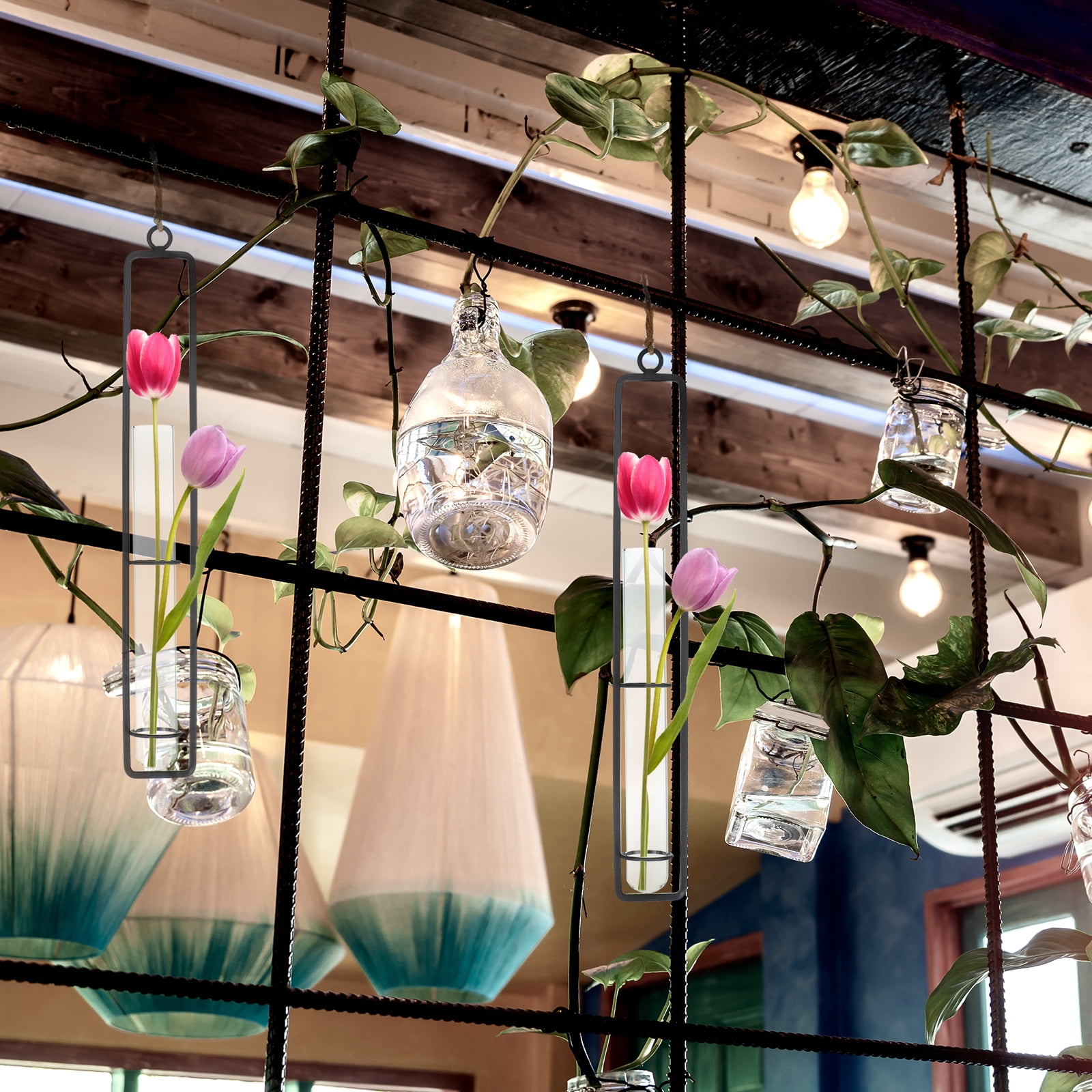 Uxcell Plant Propagation Wall Hanging Terrarium with Metal Holder, 2 Sets Large Glass Planter Tube Vase for Decor