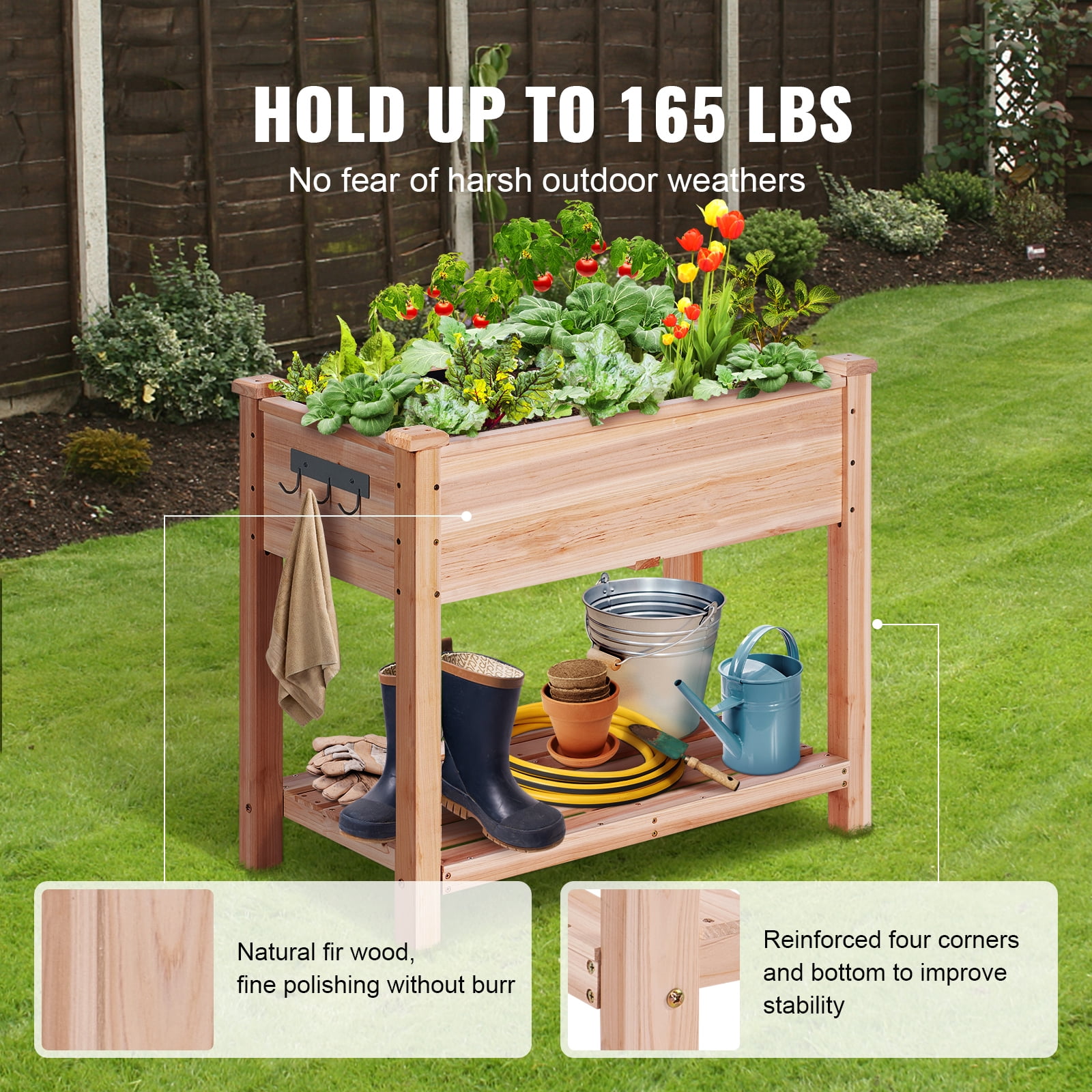 KFFKFF Elevated Garden Bed, Dimensions 34 x 18 x 30 inches, Wooden Planting Container, Outdoor Planters with Supportive Legs, Ideal for Cultivating Flowers, Vegetables, Herbs in Yard, Garden, Patio