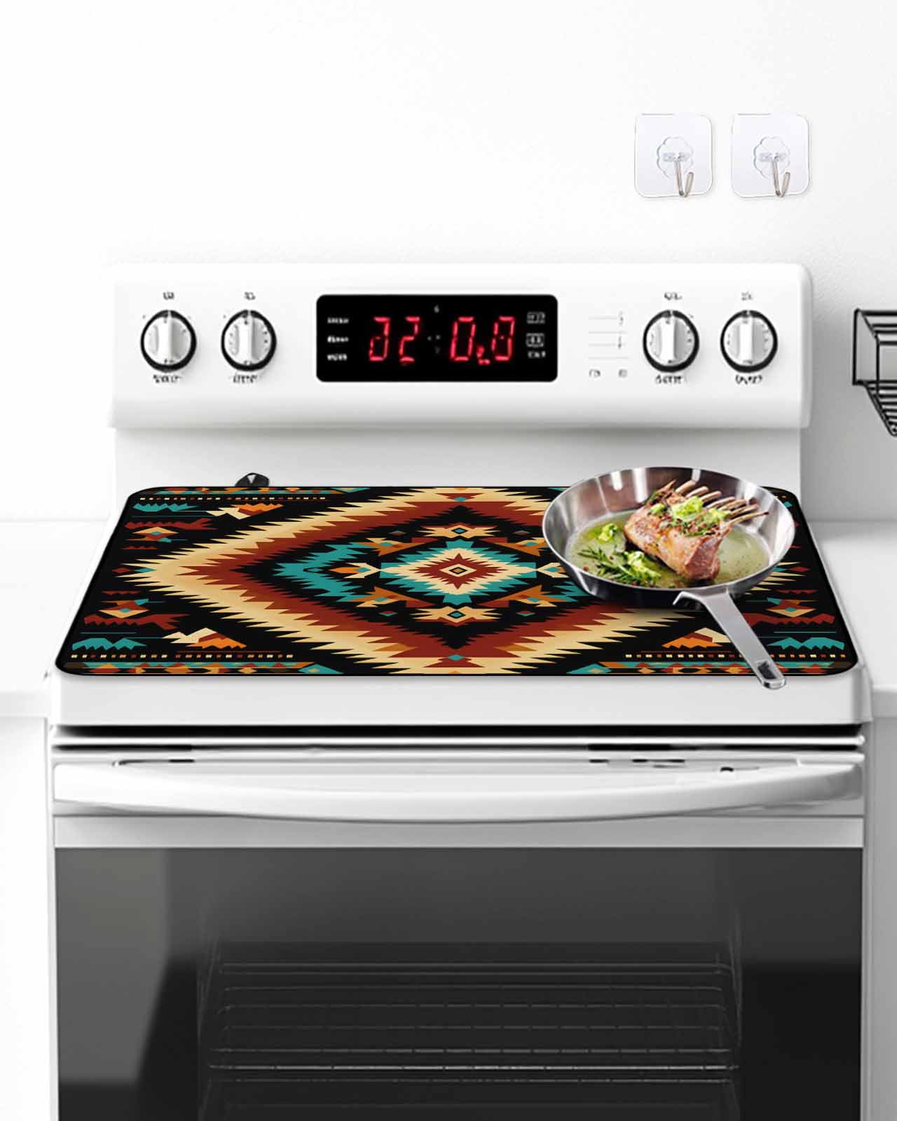 Stove Top Covers for Electric Stove, Boho Orange Teal Glass Stovetop Cover Protector, Southwestern Abstract Geometric Ethnic Induction Cooktop Protector Oven Mat for Kitchen Countertop 24"x21"