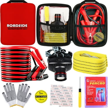 YILAIRIOU Car Roadside Emergency Kit, with Jumper Cables Automotive Kit,Car Safety Roadside Assistance Kit Headlamp,Tow Straps,Screwdrivers, Rainwear, Gloves.Red