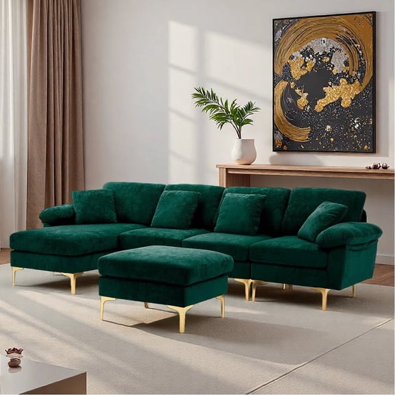 Wiilayok U Shaped Sectional Sofa,Velvet Modular 4 Seat Sofa Couch,114 inch L-Shaped Couch Set with Chaise Lounge, Ottoman& Pillows for Living Room,Emerald Green