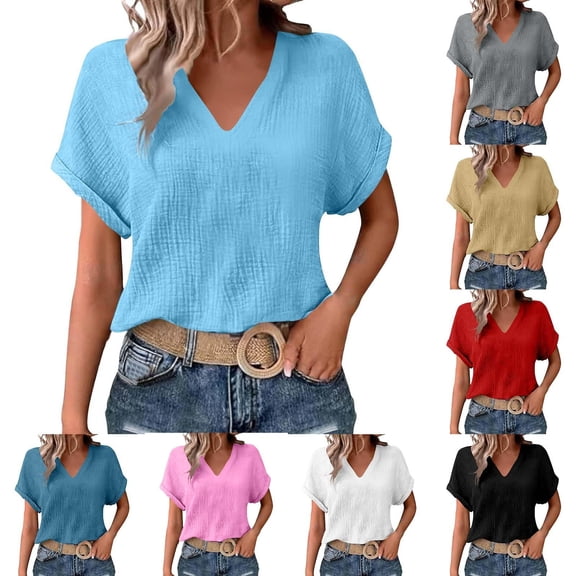 VBVC Women's Cotton Linen Short Sleeve Blouse , Ladies' Loose Fit Summer Tunic Top , Casual V Neck Work Shirts For Women, S-2XL