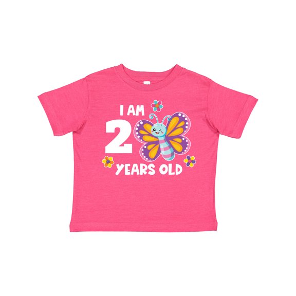 Inktastic I Am 2 Years Old Cute Smiling Butterfly with Flowers Girls Toddler T-Shirt
