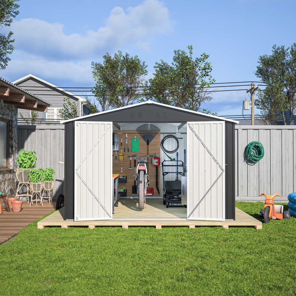 10x12 FT Metal Outdoor Storage Shed – Large Utility Tool Shed with Lockable Doors and Reinforced Frame, Black Garden Storage for Backyard & Patio