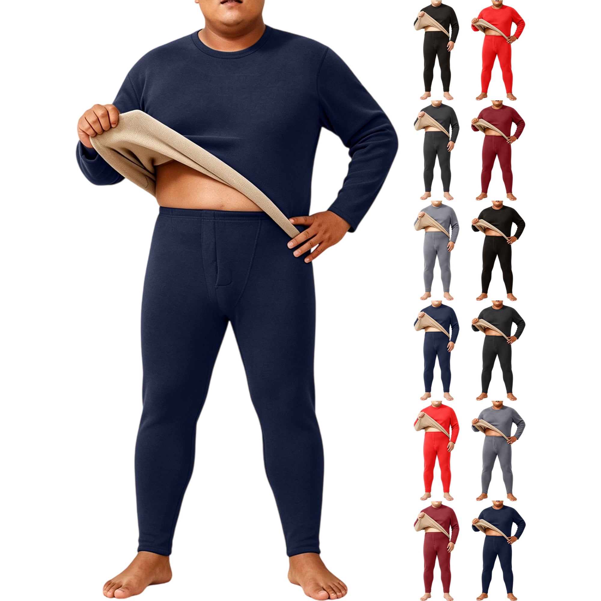 Pajama Set for Mens Thermal Underwear for Men Crew Neck Long Sleeve Base Layer Tops and Pants 2 Piece Set Fleece Lined for Skiing Hunting Outdoor Sleepwear