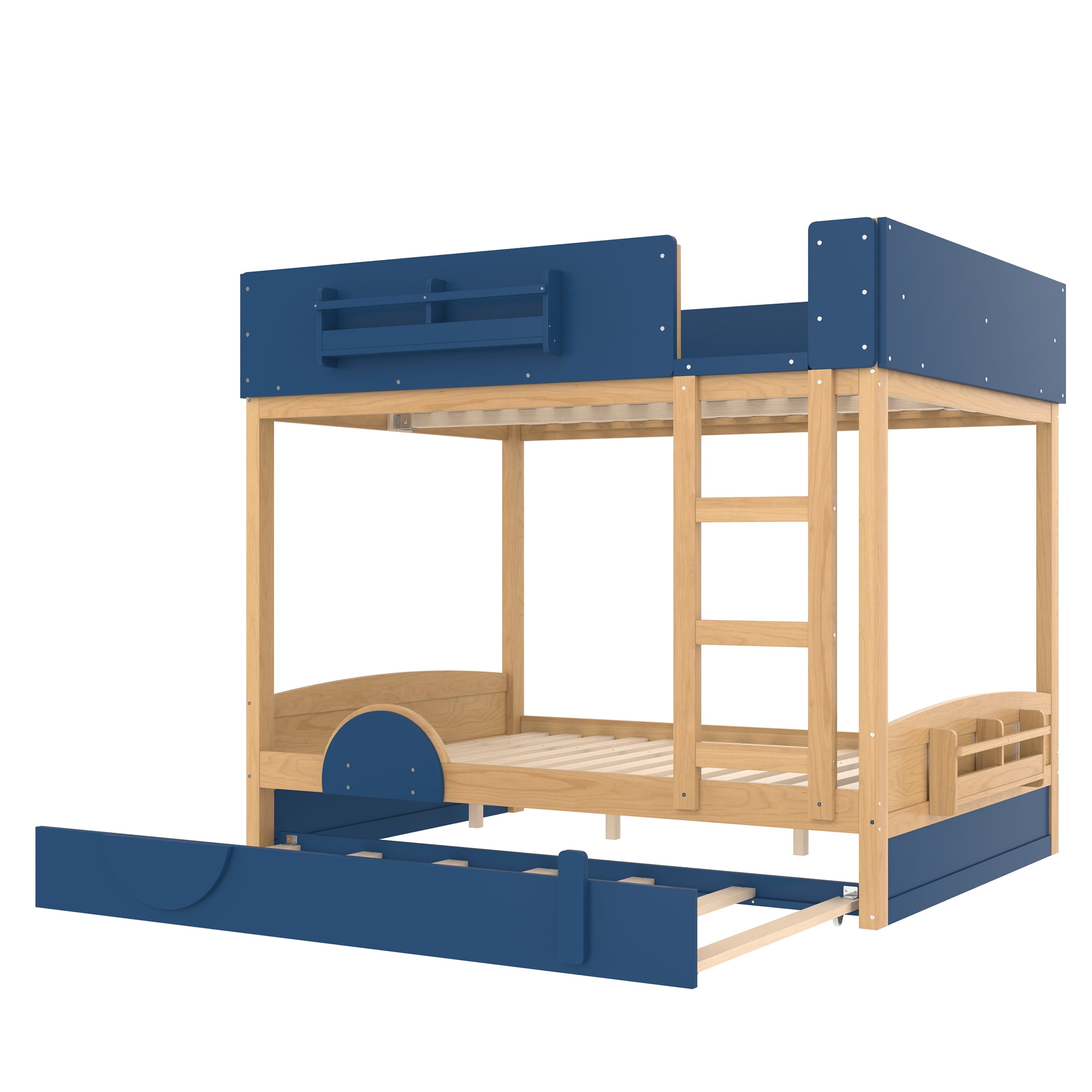 Mintazer Full Over Full Car Themed Bunk Bed with Trundle & Bookshelf, Modern Bunk Bed with Guardrail for Kids, Natural & Blue