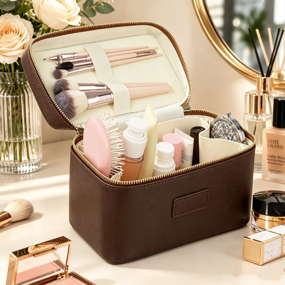 Travel Makeup Bag, Portable Cosmetic Organizer with Dividers, Waterproof PU Leather Toiletry Bag for Women(Brown)