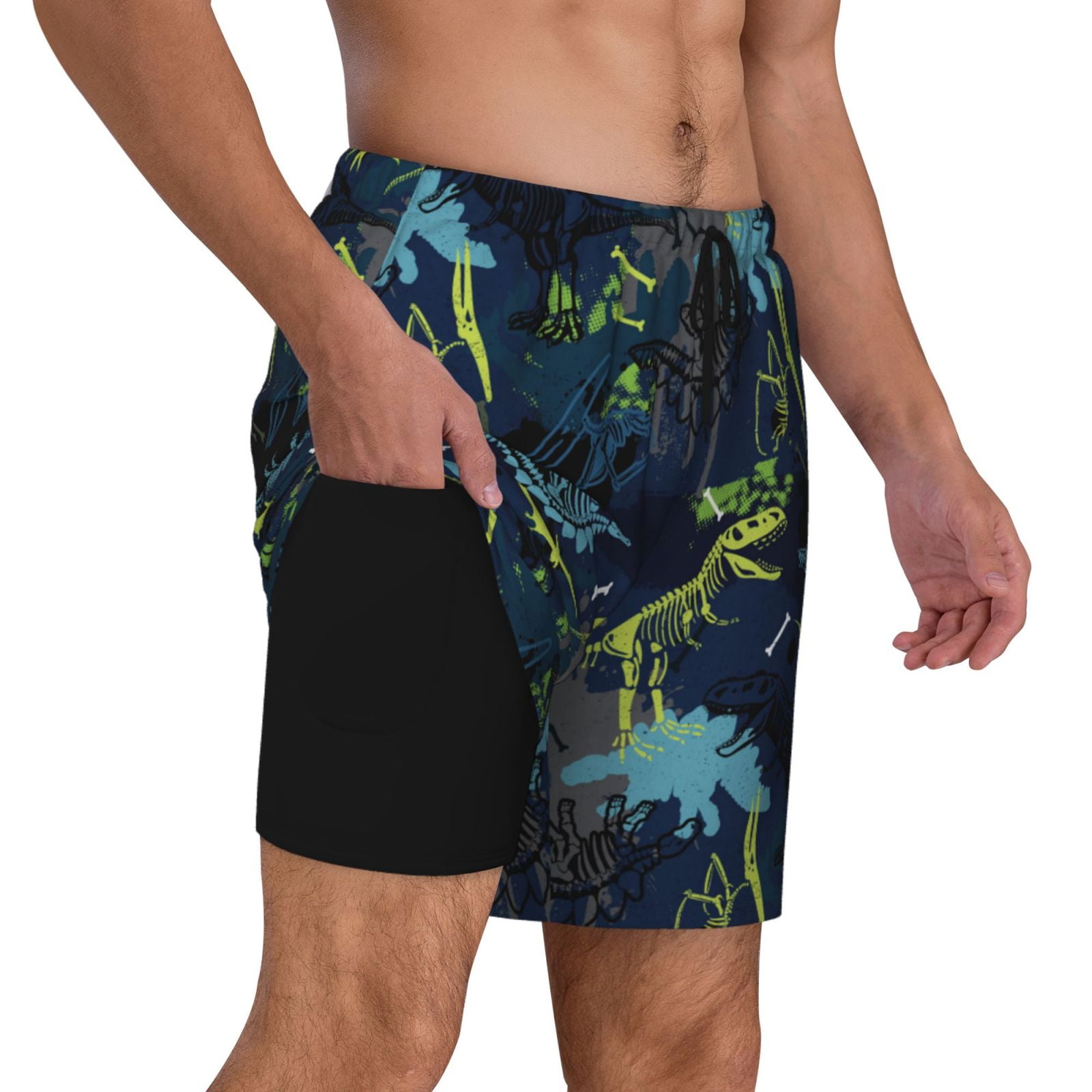 Gukieu Cartoon Dinosaur Print Men's Double Layer Sports Swim Trunks, Quick Dry Adjustable Waist Swim Shorts Swimwear-Medium