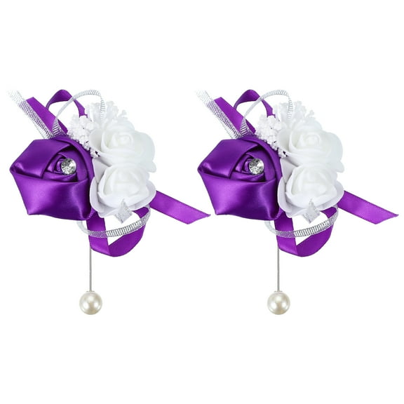 2 Pcs Wedding Boutonnieres Silk Rose Pearls Wedding Bridesmaid Party Purple