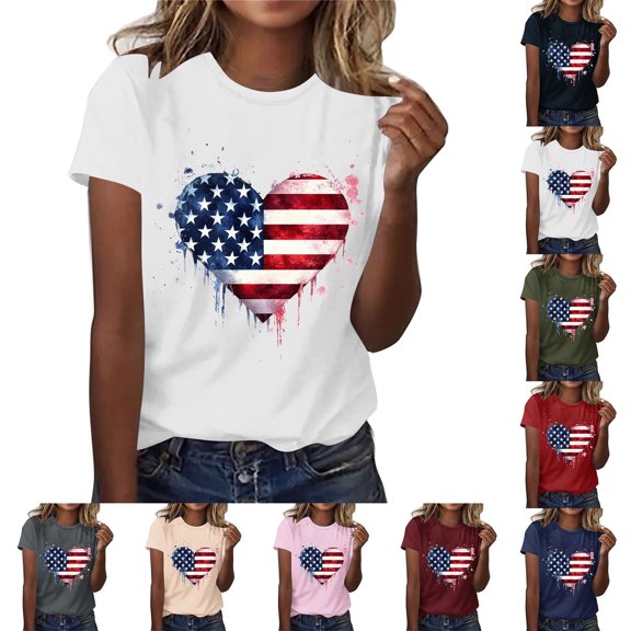 lcziwo Womens Memorial Shirts Summer Round Neck Short Sleeve Shirts Independence Day Graphic Patriotic Family T Shirt White XL