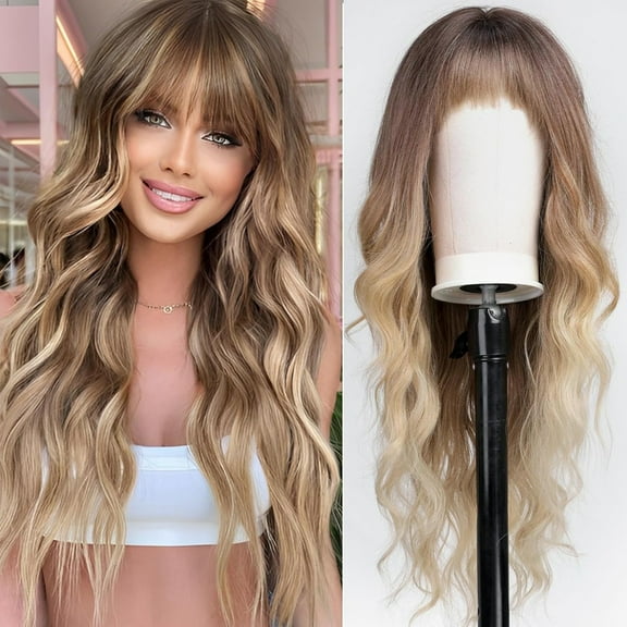 26 Inch Long Wavy Synthetic Wig with bangs for Women,Heat Resistant Human Hair Like Wig,Natural Looking Curly Hairpiece for Daily Use Party Cos-play,I One Size