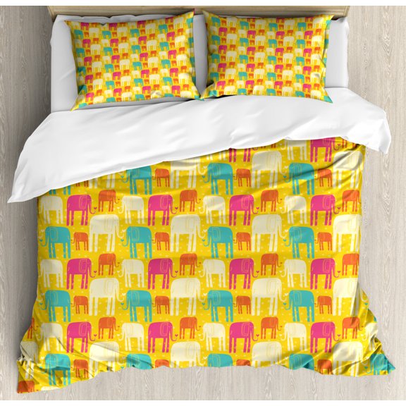 Elephant Queen Size Duvet Cover Set, Hand Drawn Style Colorful and Ethnic African Safari Animals Dotted Yellow Backdrop, Decorative 3 Piece Bedding Set with 2 Pillow Shams, Multicolor, by Ambesonne
