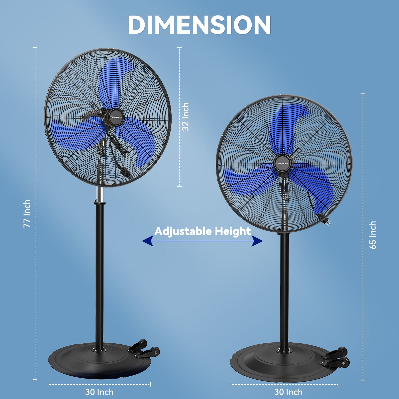 30" Heavy Duty Industrial Floor Fan with Wheels, 3-Speed 9500 CFM High Velocity Standing Fan for Commercial and Garage - Aluminum Blades