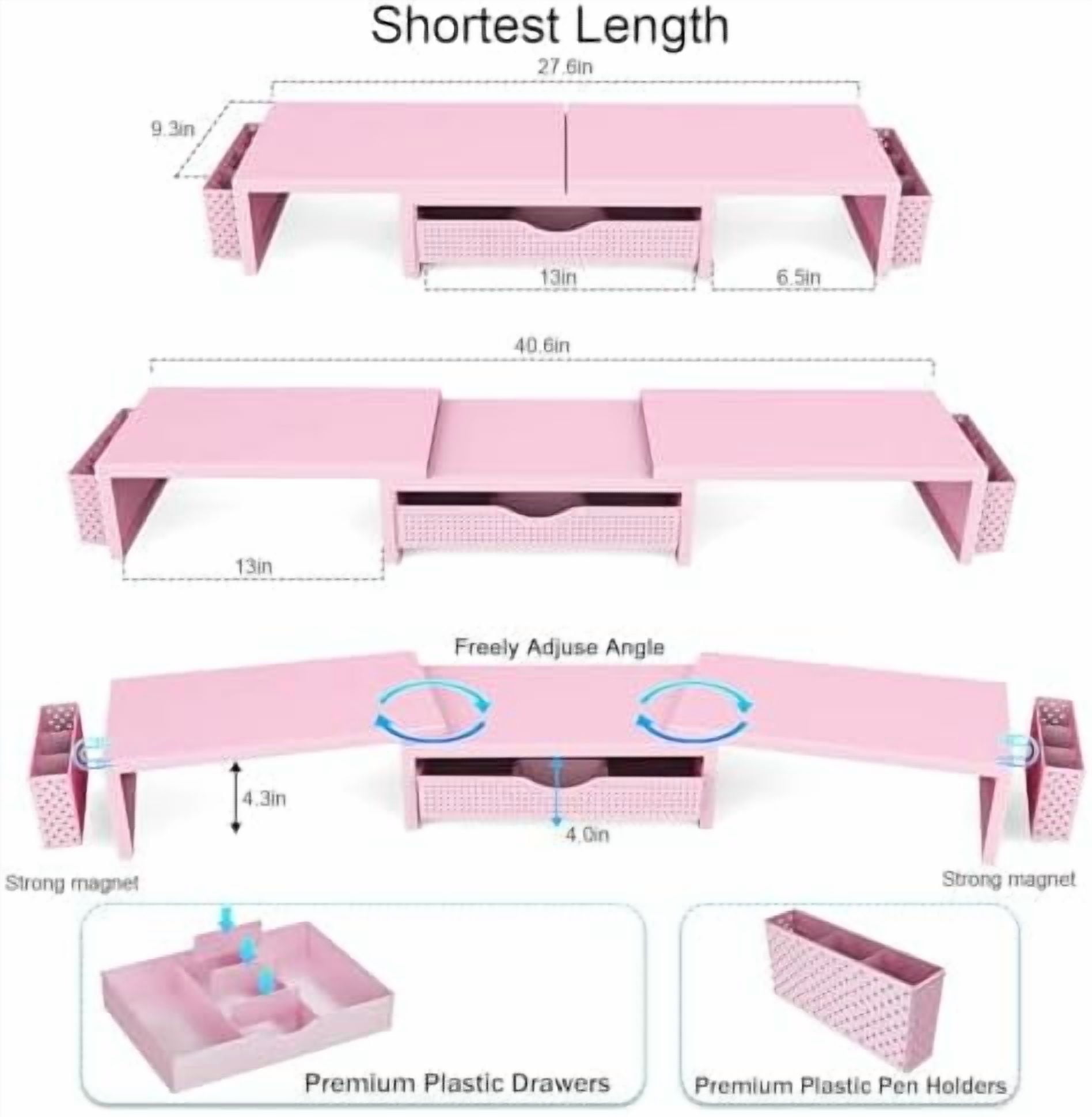 Dual Monitor Stand Riser, Desk Organizer With Drawer and 2 Pen Holders,Desk Organizers and Accessories, Pink Office Supplies (Pink)