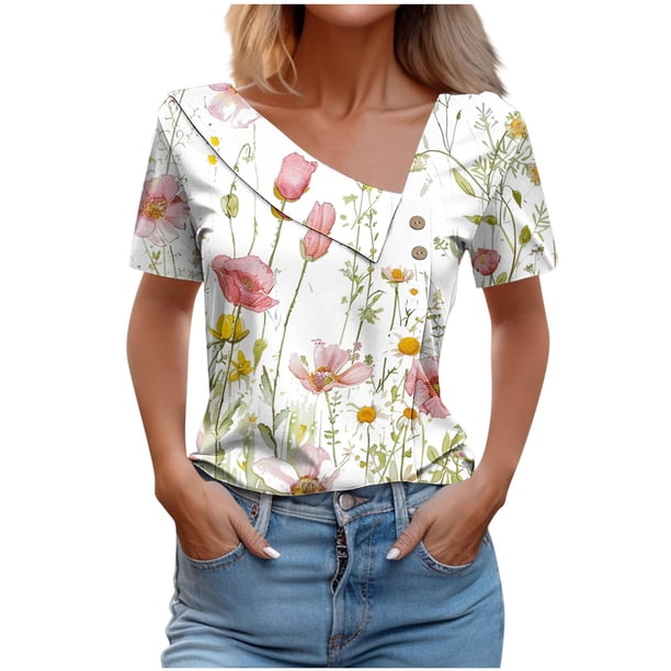 Top de Verano Mujeres Cuello en V Casual Top de Manga Corta, Ligera Primavera Y Blusa de Verano para las Mujeres