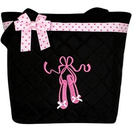 Fashion Polka Dot Tote - 1PerfectChoice Girl's Quilted Dance Ballet Slippers Tote Bag w/ Pink Polka Dot Bow (Black)