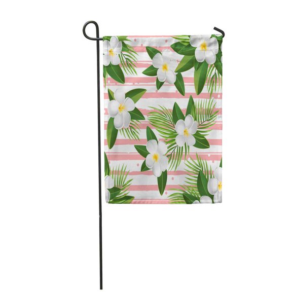 POGLIP Colorful Tropical Hawaiian Flowers and Leaves on Striped Green Garden Flag Decorative Flag House Banner 12x18 inch