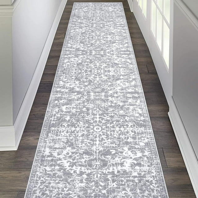 Findosom 2'x10' Hallway Runner Rug Washable Vintage Kitchen Laundry Runner with Non Slip Backing Farmhouse Entryway Living Room Floor Mat Stain Resistant Runner Carpet Gray
