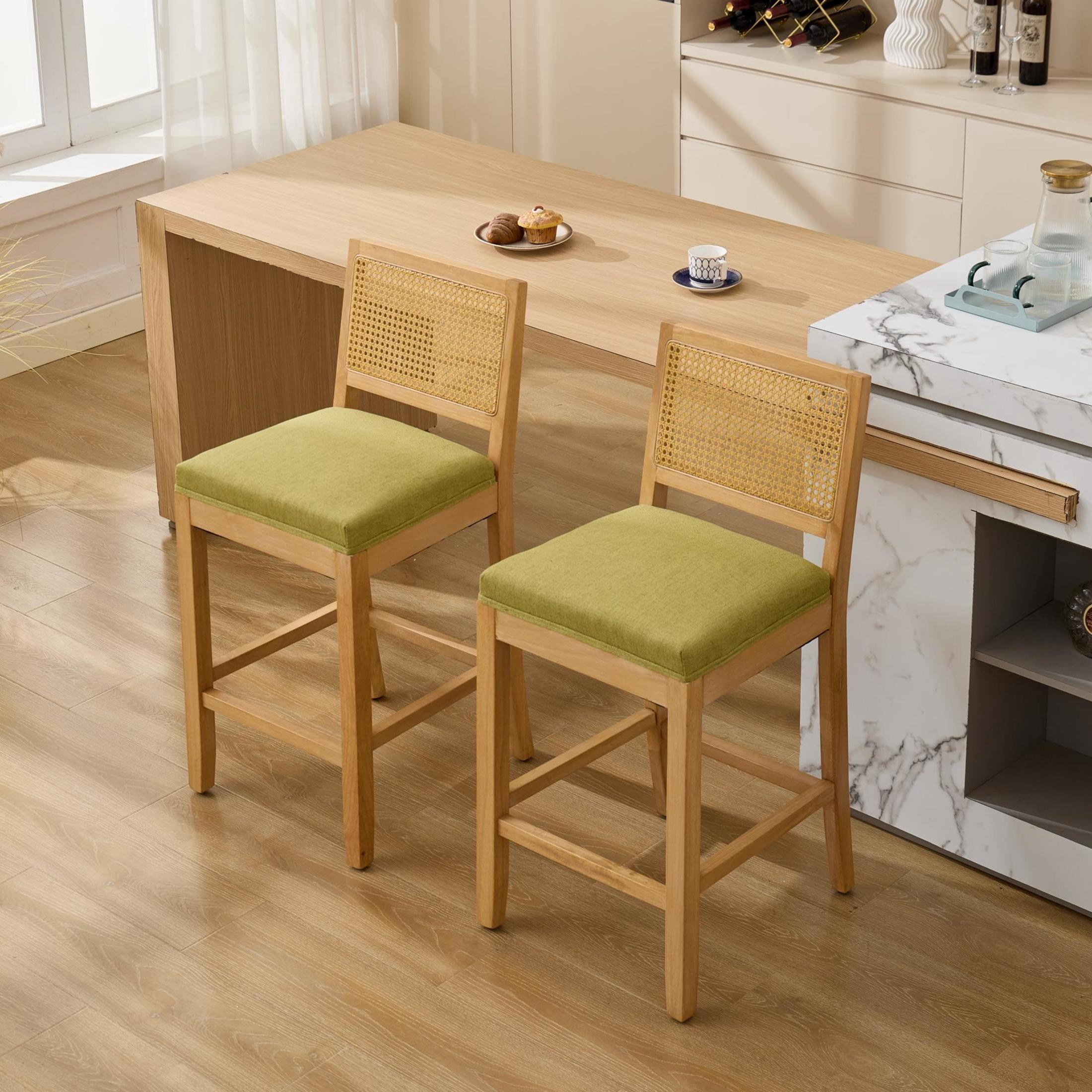 GDF Studio 19.7" Rustic Bar Stools Set of 2 with Linen Cushioned Seat & Rattan-Inspired Backrest, Green