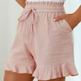 thumbnail image 5 of RYRJJ Womens Ruffle Flowy Shorts High Waisted Wide Leg Drawstring Summer Striped Beach Shorts with Pockets(Pink,XXL), 5 of 9
