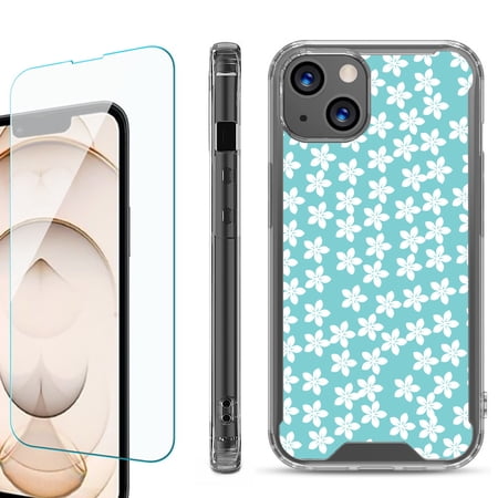 Shockproof Bumper Phone Case for iPhone 13 with Tempered Glass Screen Protector by OneToughShield ® - Flower/Teal