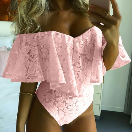 Dihao Jumpsuits for Women Plus Size Casual Style Ruffled Printing Tube Top Tummy Control Pajamas Womens Sexy Frill off Shoulder Lace Bodysuit Stretch Party Leotard Jumpsuit