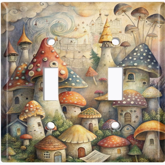 Metal Light Switch Wall Plate Outlet Cover (Printed Image of Botanical Mushroom Village - Double Toggle)