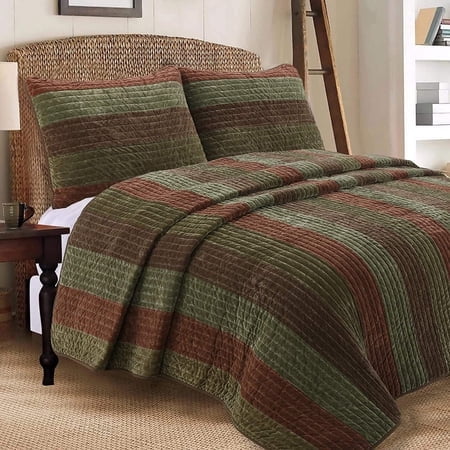 Cozy Line Home Fashions Rhett Brun Foncé Vert Sauge Audacieux Rayé Velours Réversible Courtepointe Ensemble de Literie, Couvre-Lit, Ensemble de Dessus-de-Lit (Brun/sauge, Très Grand - 3 Pcs)
