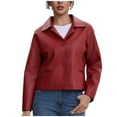 thumbnail image 6 of GigrtiJin Women's Leather Cropped Jacket Solid Color Turndown Collar Button Down Long Sleeve Outcoat Trendy Vintage Outwear, 6 of 7