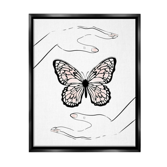 Stupell Industries Hands & Pink Butterfly Animals & Insects Painting Black Floater Framed Canvas Art Print Wall Art, 17 x 21