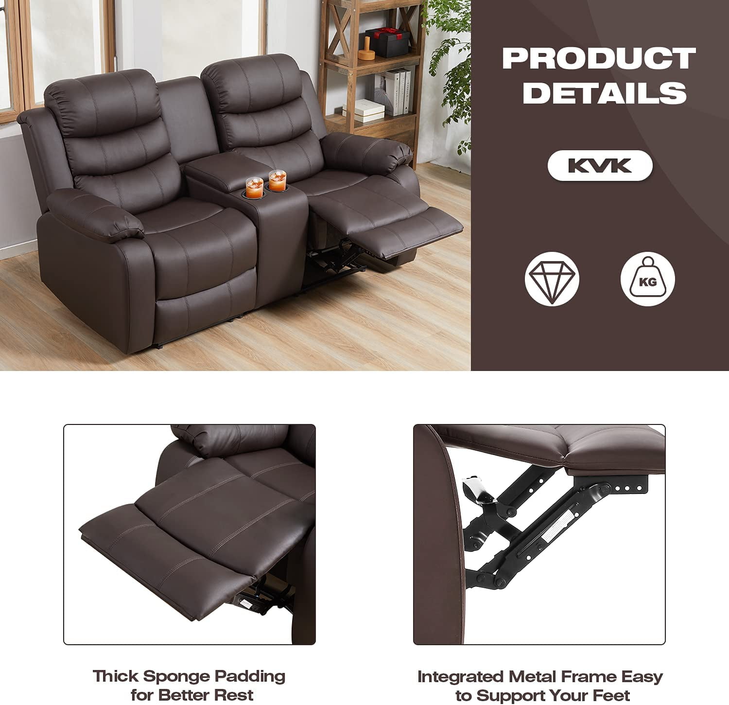 Hommow PU Leather Reclining Sofa Chair 3 Seat Adjustable Home