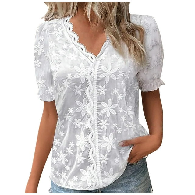 Blusa de verano con cuello en V y encaje para mujer - Camisa elegante de manga corta y color liso para ir al trabajo o a una cita - Tallas S-XXL