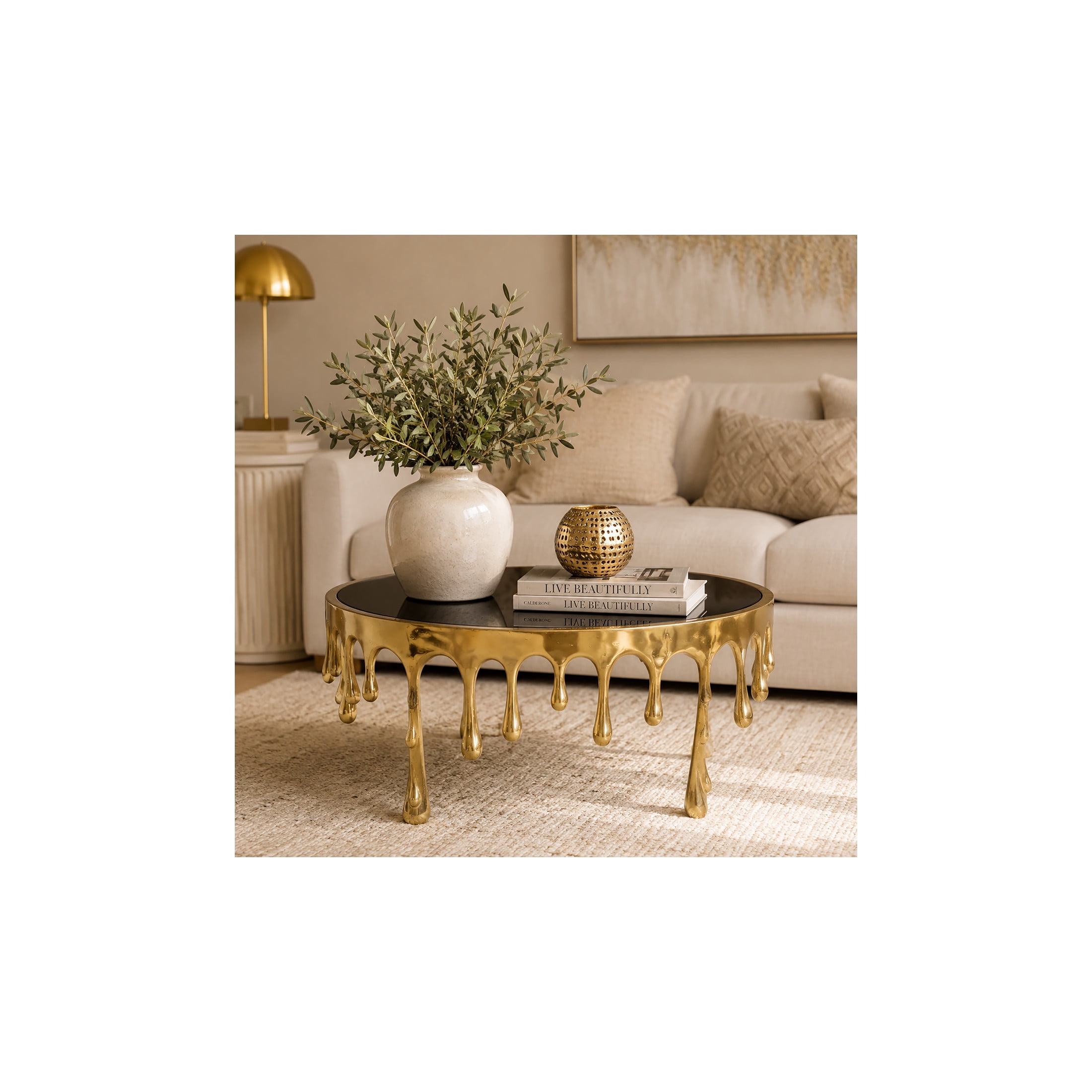 DecMode 36" x 16" Gold Aluminum Metal Melting Drip Abstract Coffee Table with Black Glass Top, 1-Piece