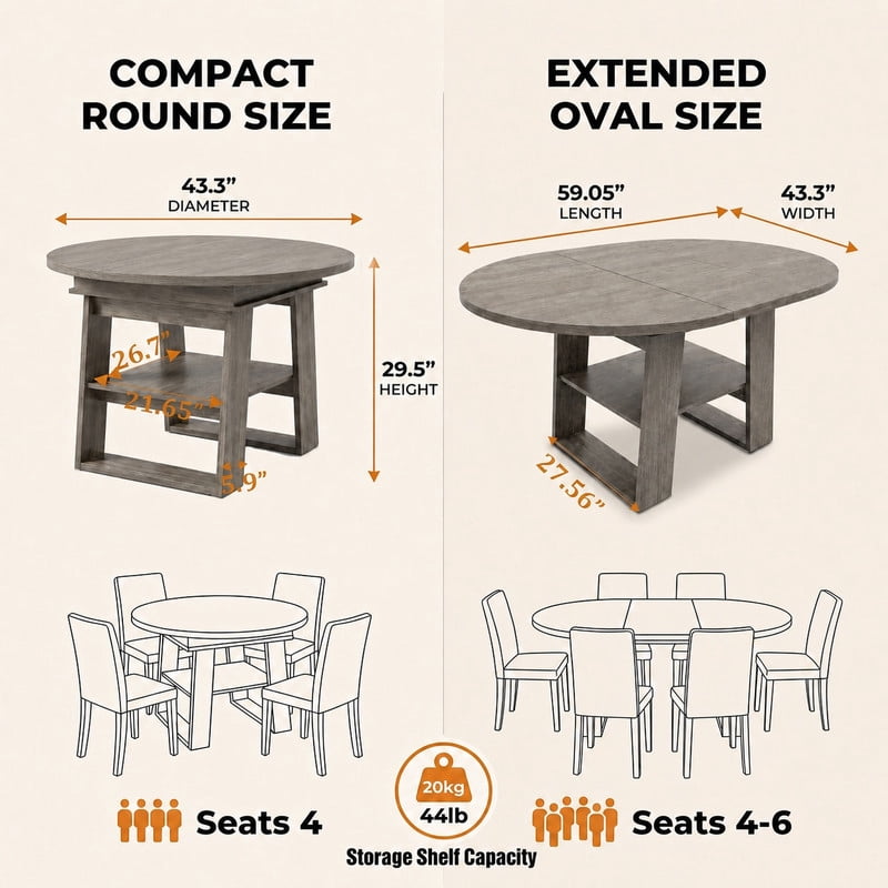 43"-59" Extendable Round-to-Oval Dining Table for 4-6 with Flip-Up Leaf, Kitchen Accent Dinner Table with Storage Shelf