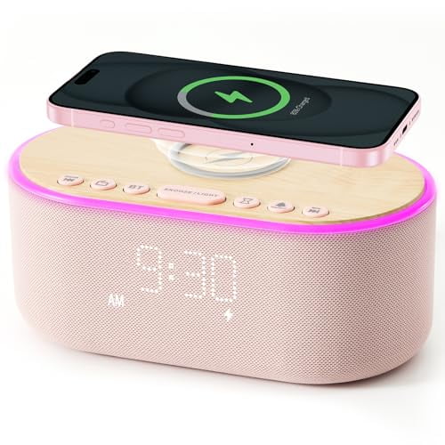 uscce Despertador Bluetooth Radio FM: Altavoz de Sonido estéreo de 10 W - Carga inalámbrica rápida para iPhone Samsung - Radio Reloj Regulable para Dormitorio