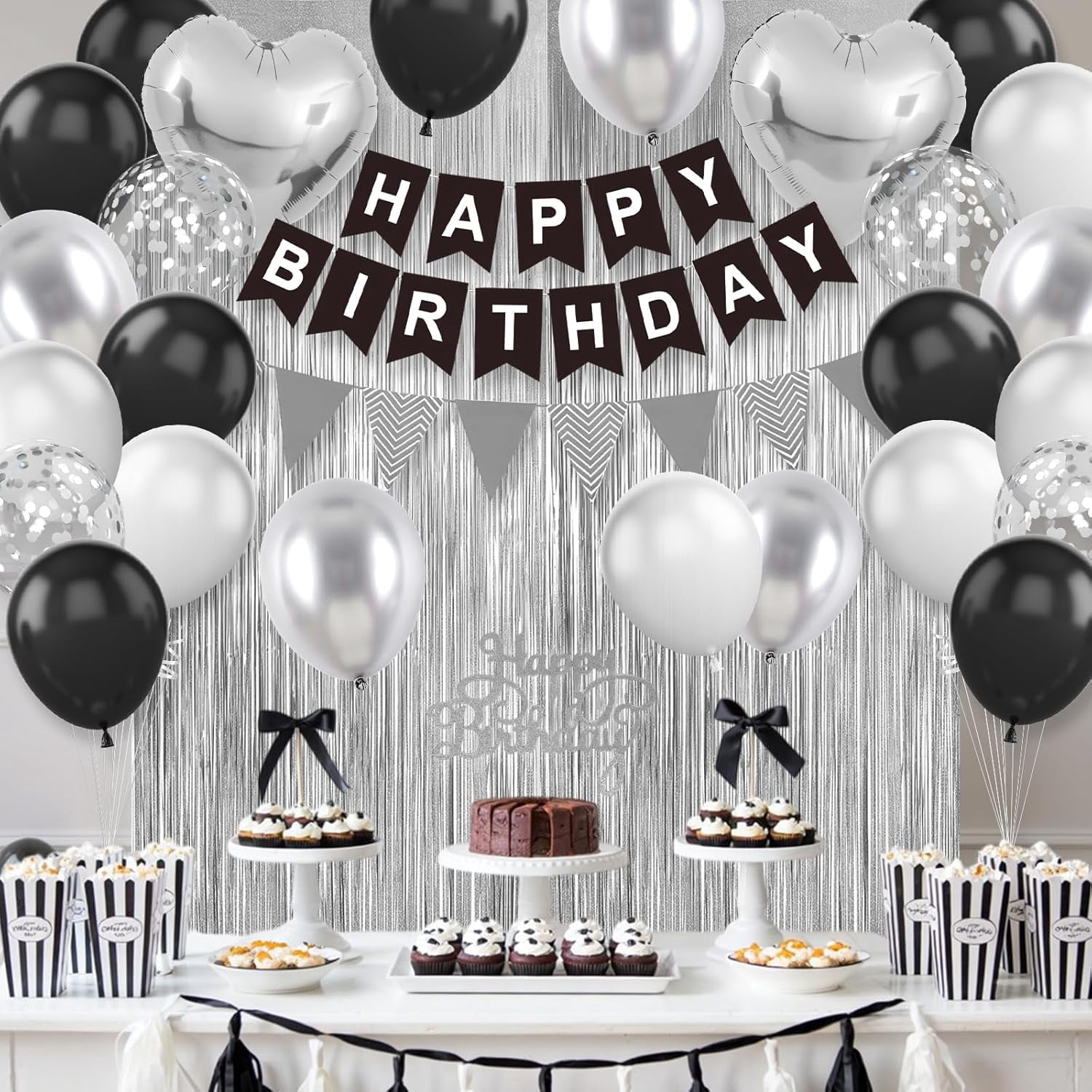 Black Silver Birthday Decorations,Happy Birthday Banner Black and Silver Balloons Fringe Curtain Heart Foil Balloons for Men Women Boys Girls