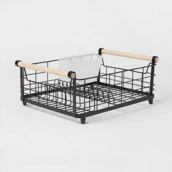 Metal Dish Rack with Powder Coated Finish and Rubber Wood Handles Black - Freestanding Dish Drying Rack