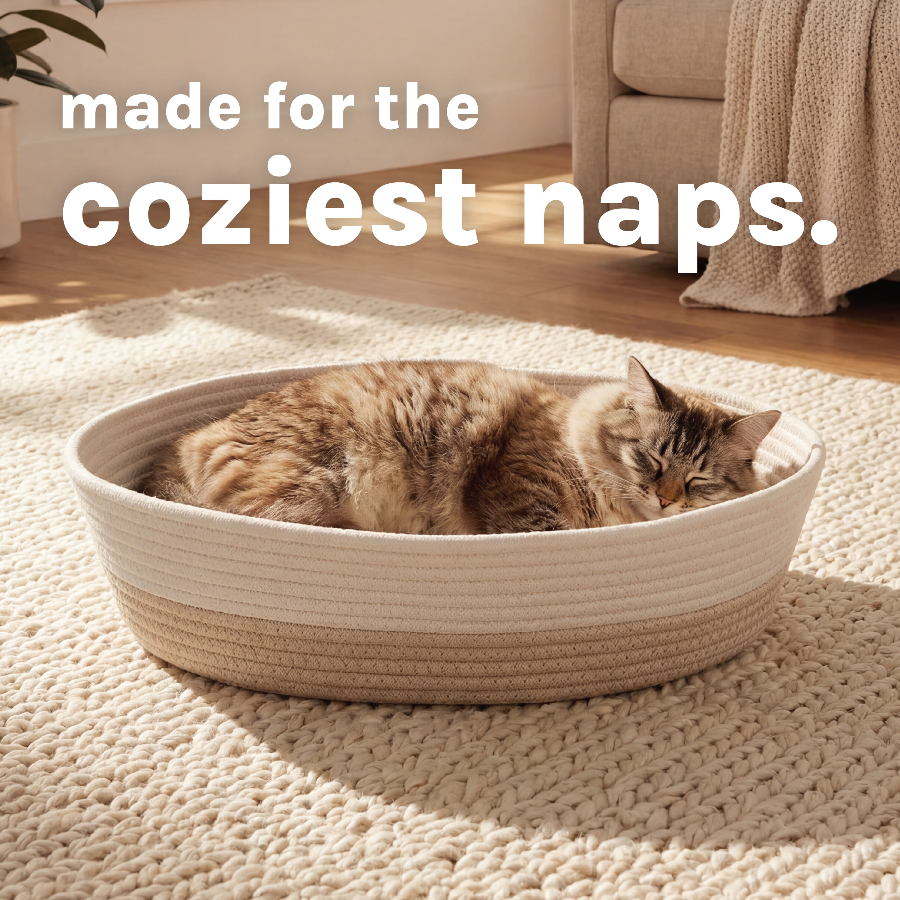 Kitty City Woven Cat Bed, Polyester and Cotton Rope Bed with Washable Cushion, Tan, One Size
