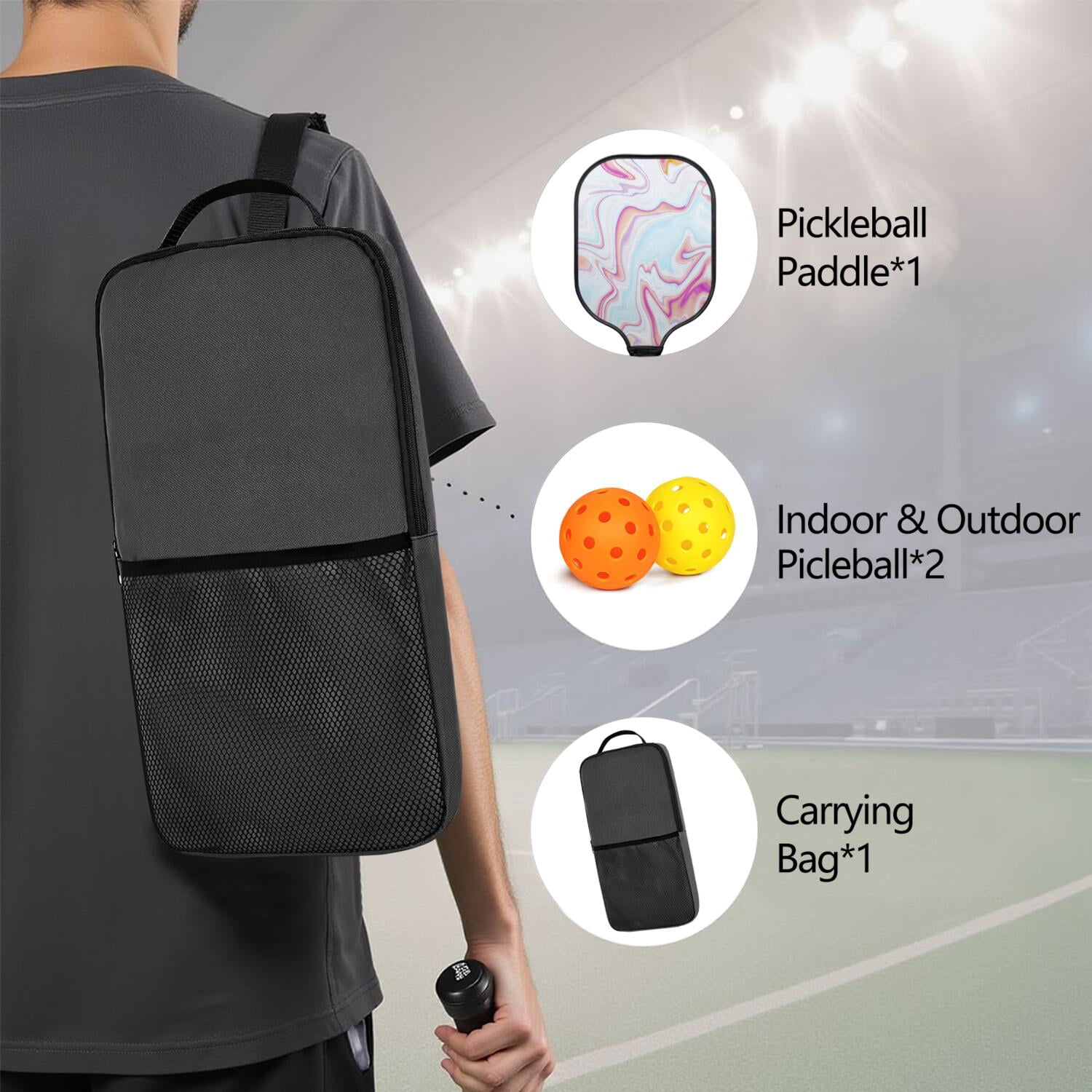 Pickleball Paddles Set Of 1, Fiberglass Surface, Liquid & Marble Print, 1 Paddles, 2 Balls & Bag