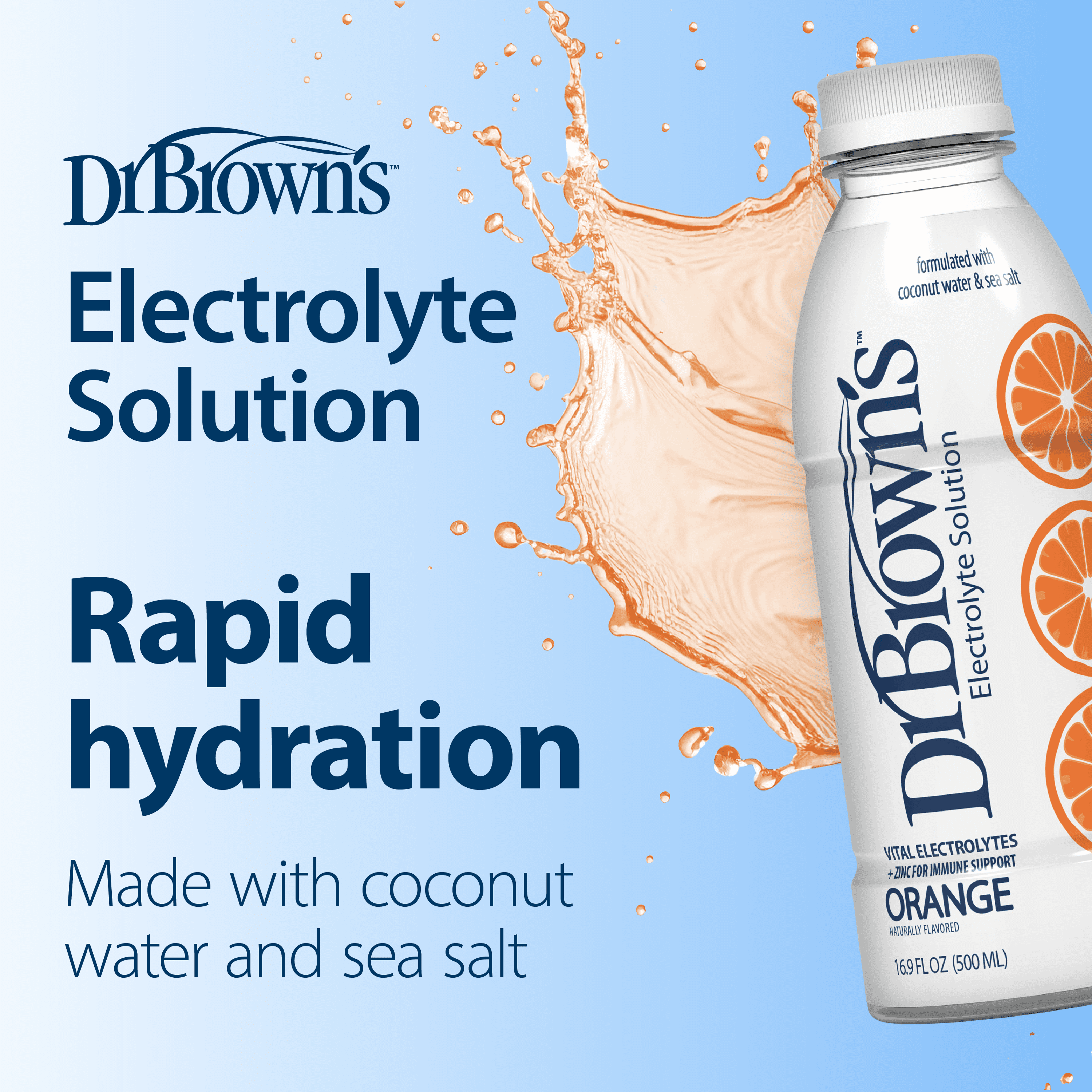 (4 pack) Dr. Brown’s Electrolyte Solution with Coconut Water and Sea Salt, 16.9 fl oz/500 ml, Orange, 1-Pack