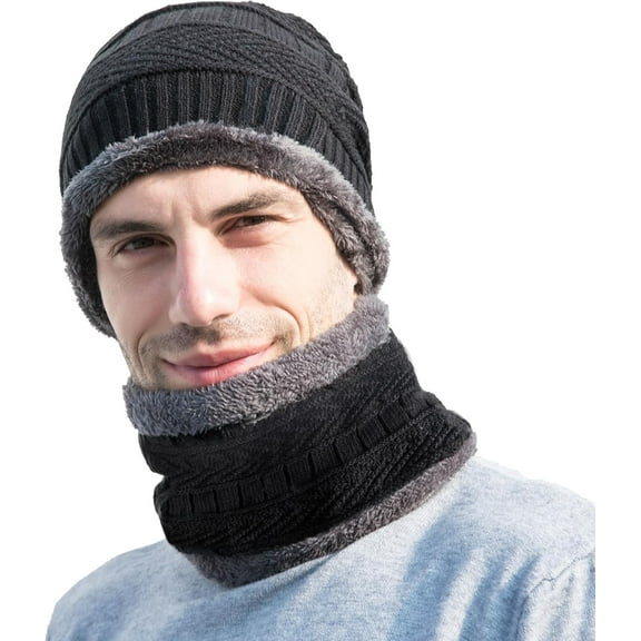Warm Beanie Hat Scarf Set Knit Hat Thick Fleece Lined Winter Cap Neck Warmer for Men Women